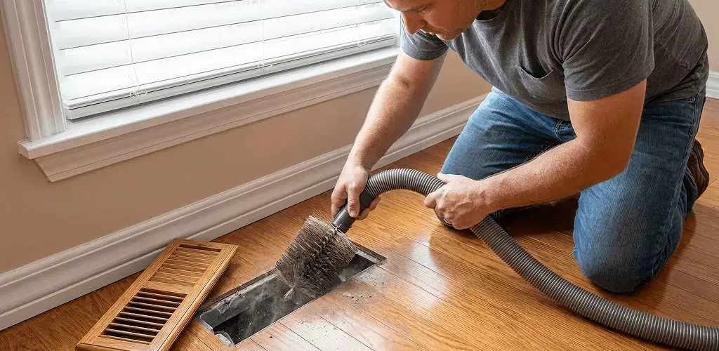 Air duct cleaning technician vacuuming a floor vent and duct opening in Eugene, OR