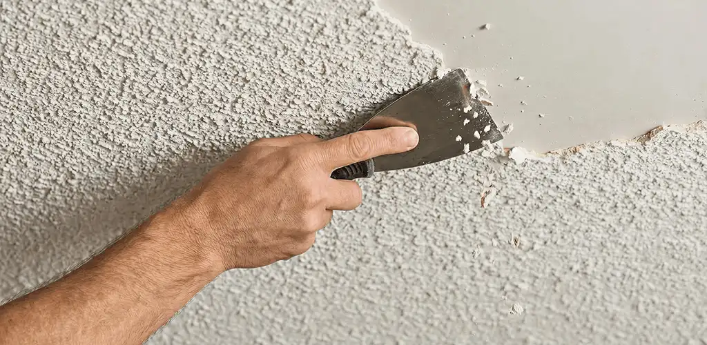 Popcorn ceiling removal scraping off textured ceiling finish in Eugene, OR