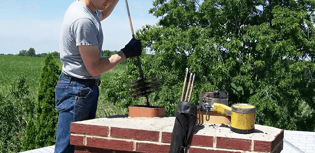 Chimney cleaning technician working on a rooftop chimney with professional tools in Eugene, OR