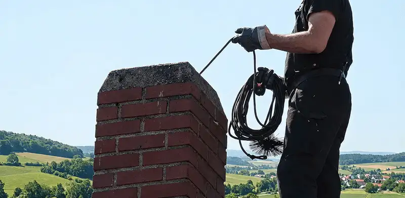 Chimney sweep inspecting and cleaning a rooftop chimney in Eugene, OR
