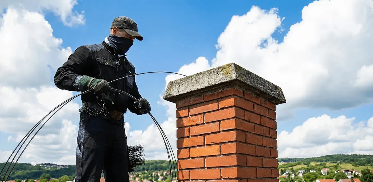 Chimney sweep cleaning a brick chimney with professional tools in Eugene, OR