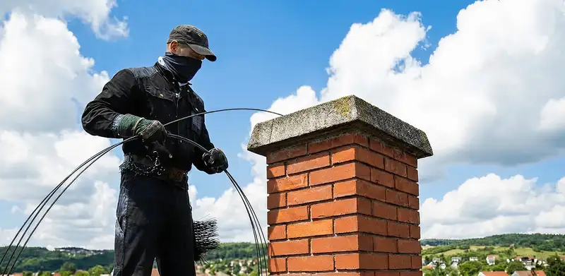 Chimney sweep cleaning a brick chimney with professional tools in Eugene, OR