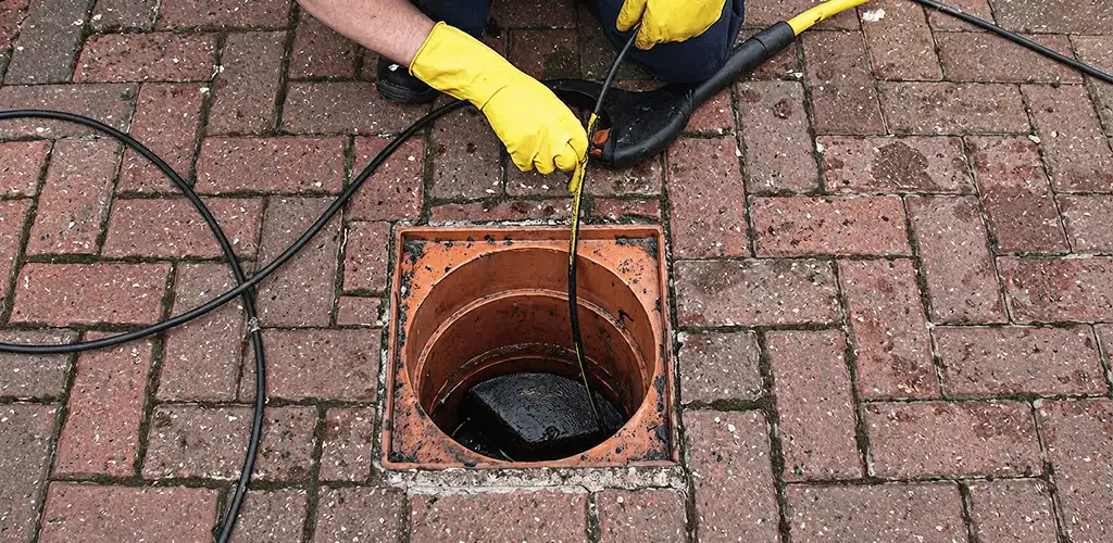 Drain cleaning technician using a drain snake to clear a clogged drain in Eugene, OR