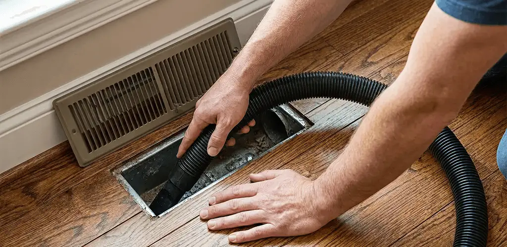 Air duct cleaning technician vacuuming a floor register and duct opening in Eugene, OR