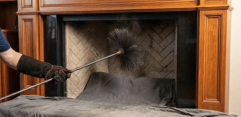 Chimney cleaning service brushing soot from a fireplace and flue in Eugene, OR