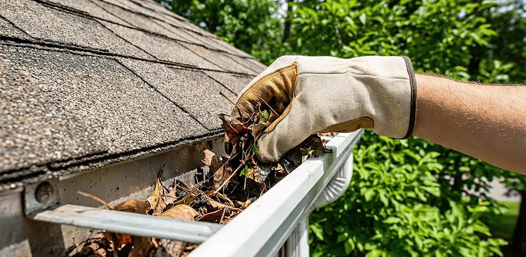 Gutter cleaning removing leaves and debris from roof gutters in Eugene, OR