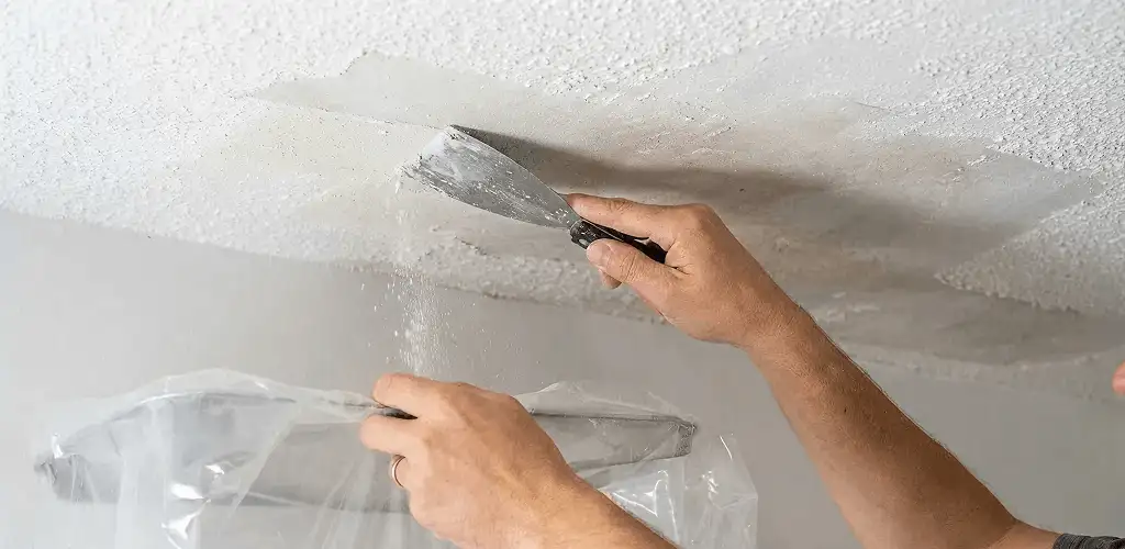 Popcorn ceiling removal technician scraping texture from a ceiling in Eugene, OR