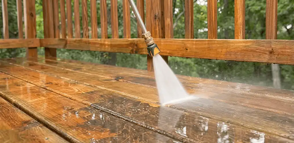 Pressure washing a wood deck to remove dirt and buildup in Eugene, OR