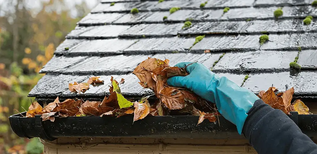 Gutter cleaning technician clearing wet leaves from roof gutters in Eugene, OR
