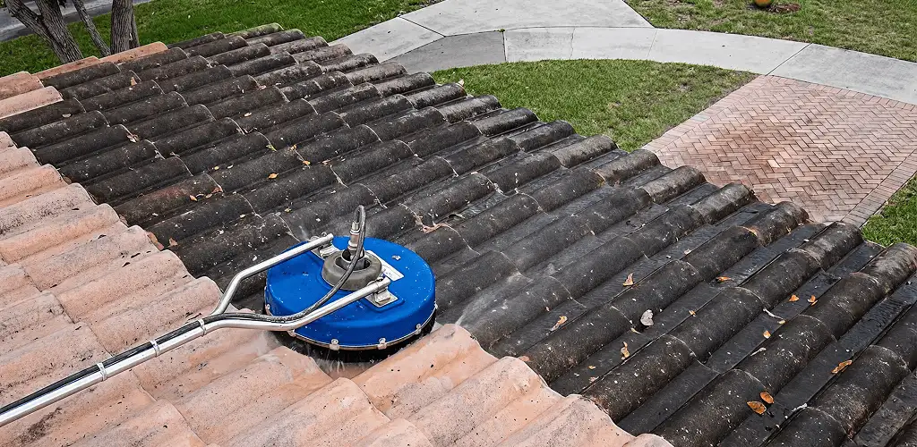 Roof pressure cleaning removing debris and buildup from roof tiles in Eugene, OR