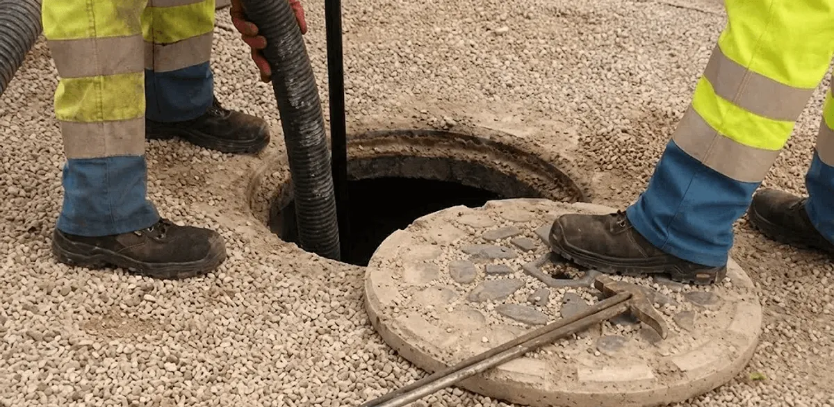 Drain cleaning crew clearing a sewer access point with professional equipment in Eugene, OR