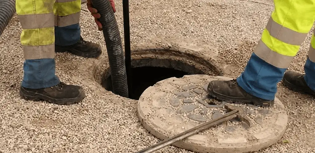 Drain cleaning crew clearing a sewer access point with professional equipment in Eugene, OR
