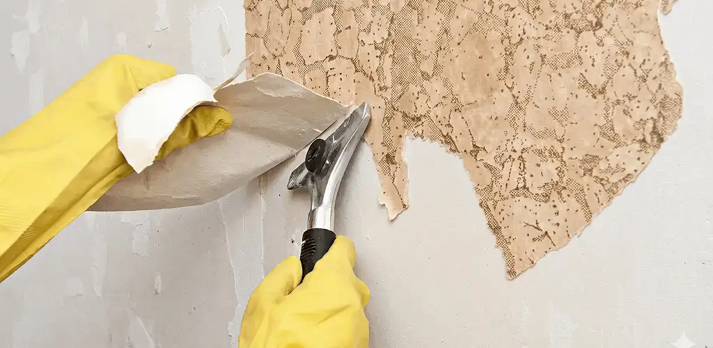 Wallpaper removal service stripping old wallpaper from a wall in Eugene, OR