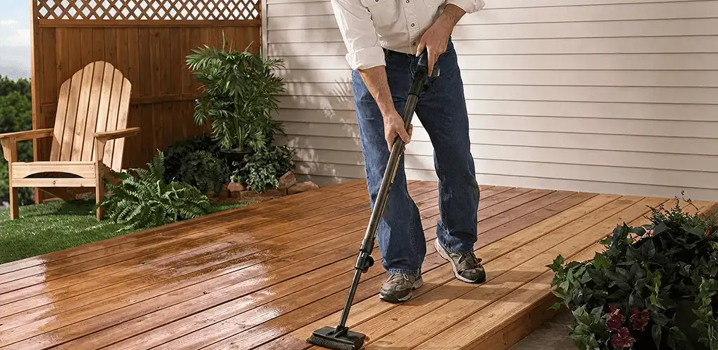 Deck staining service applying stain to a backyard wood deck in Eugene, OR